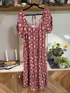 Knox Rose Rust and White Patterned Puff-Sleeve Midi Dress